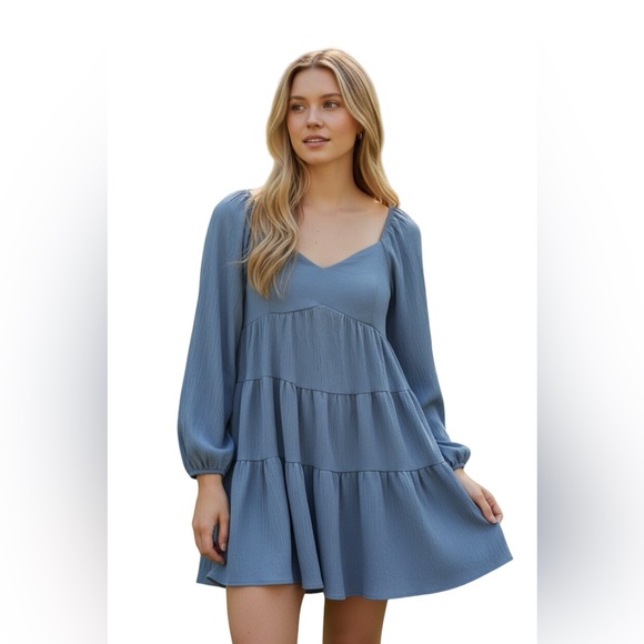 Altar'd State Dresses & Skirts - Altar’d State Dusty Blue Tiered Longsleeve Mini Dress with V-neckline Size M